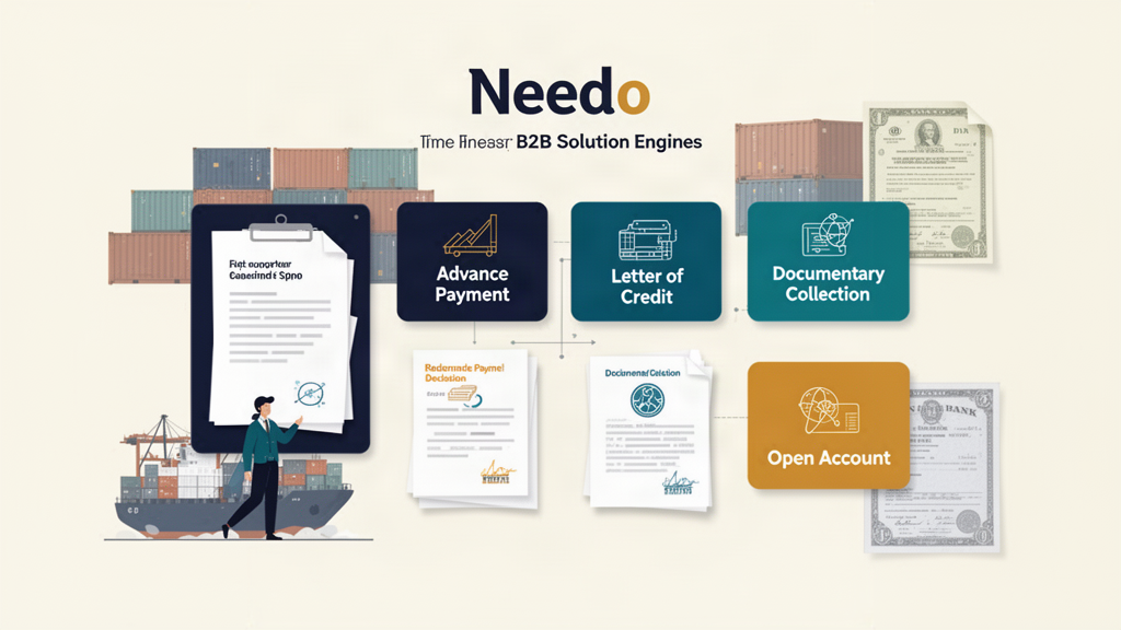 Needo editorial illustration of an exporter comparing four international payment-method document cards beside shipping paperwork