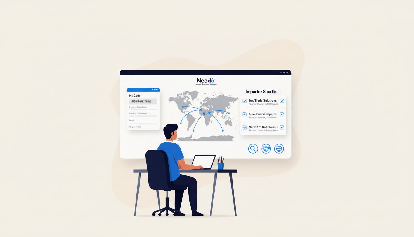 Needo editorial guide illustration for researching an import product code and checking destination-market requirements