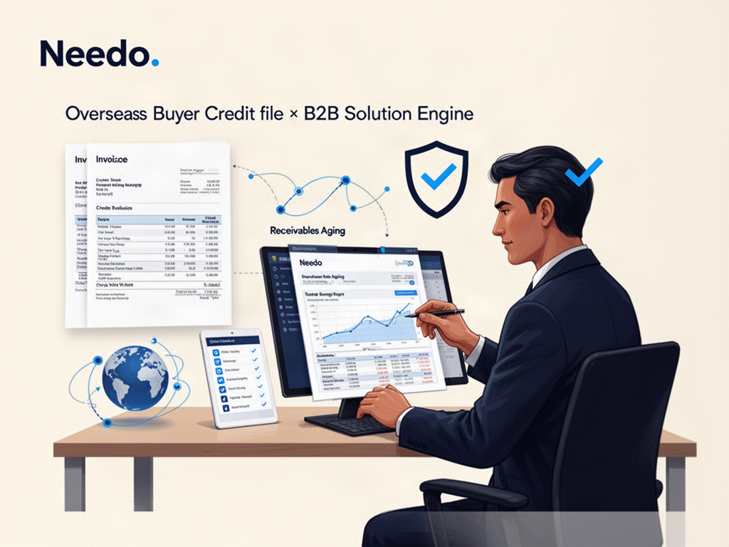 Needo editorial illustration of an exporter reviewing a buyer credit file, receivables exposure chart and trade documents before approving credit