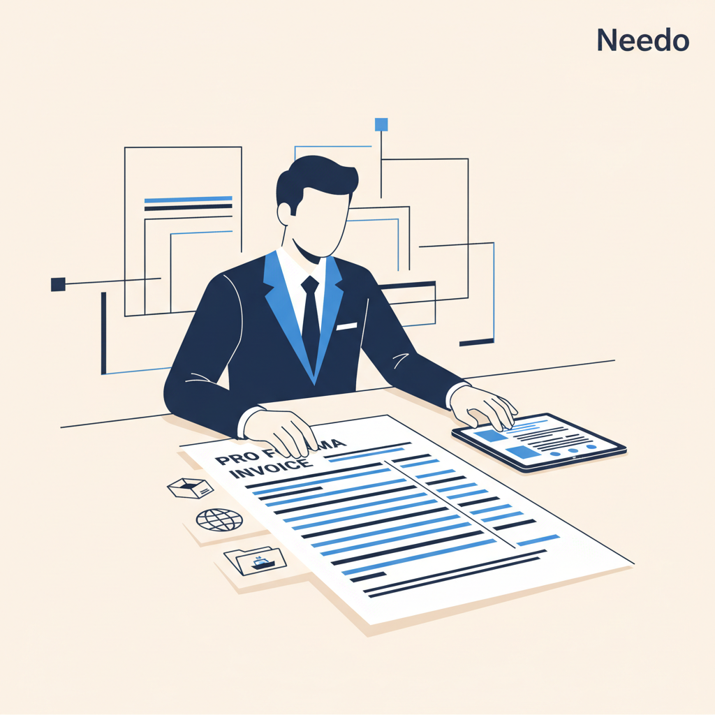 Needo editorial illustration of an exporter preparing a pro forma invoice beside shipping cartons and document folders