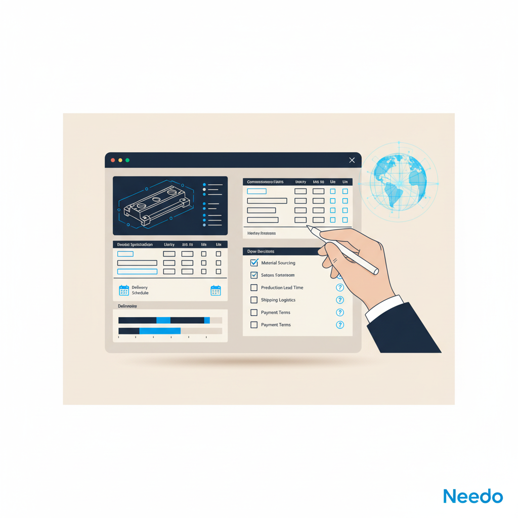 Needo editorial illustration of a manufacturer preparing a quotation with a specification sheet, line-item pricing and delivery checklist